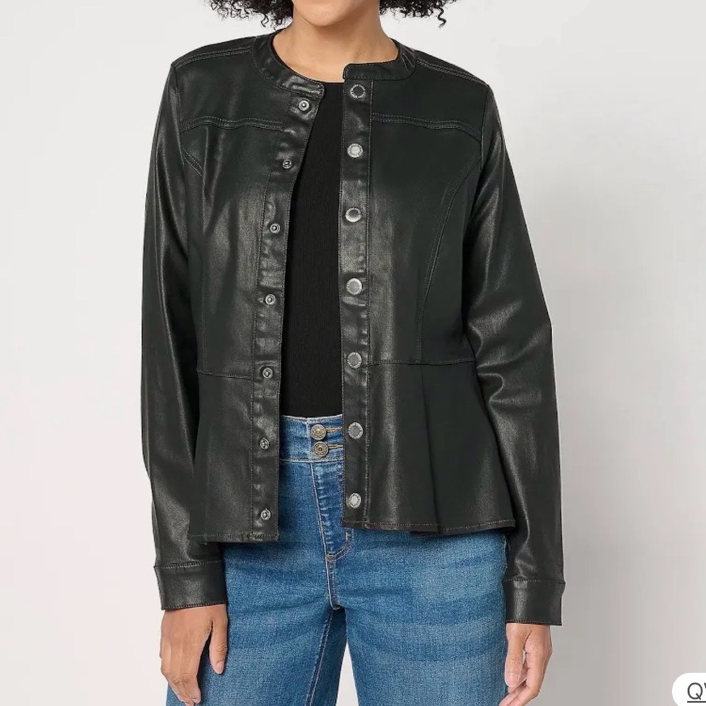Susan Graver Black Coated Denim Peplum Jacket XL NWT